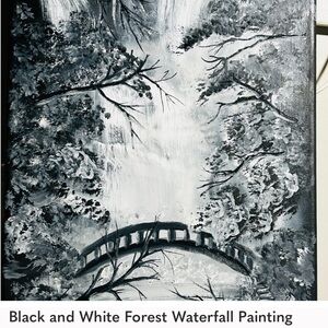 Monochrome Forest Waterfall Painting